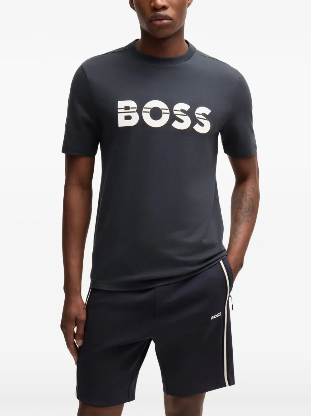 BOSS Katoenen T-shirt met logopatch Blauw