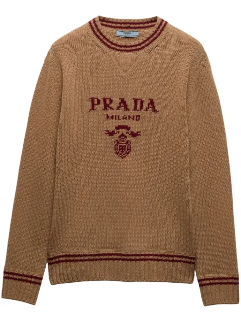 Prada suéter con ribete de rayas y logo en intarsia