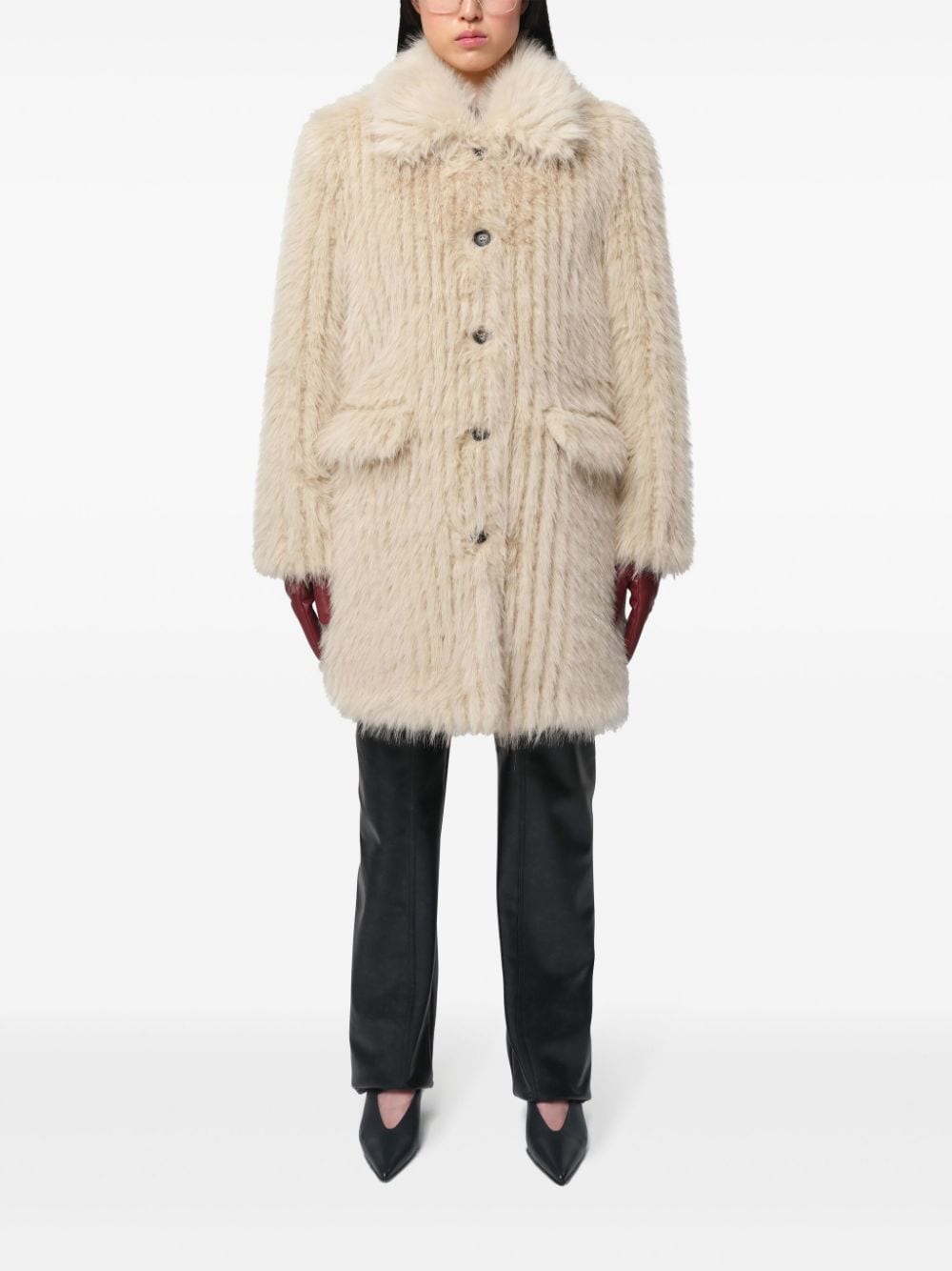 Shop Apparis Long-collar Buttoned Faux-fur Coat In Neutrals