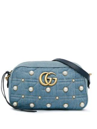 Gucci Pre Owned 2016 2023 Small GG Marmont Pearl Studded Denim Crossbody Bag Blue FARFETCH CA