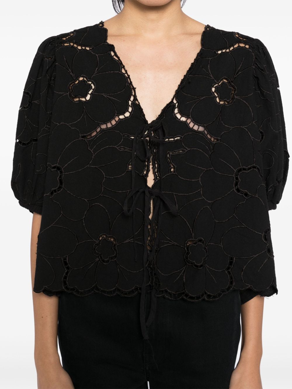 Shop Free People Floral Embroidery Short-sleeves Blouse In Black