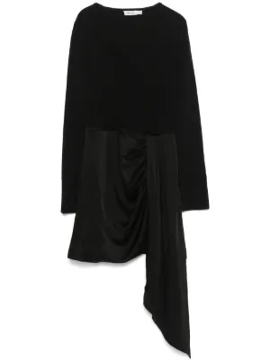 black long sleeve ruched asymmetric knitted dress Akeeva Ruched Asymmetric One-Shoulder Maxi Dress in Black