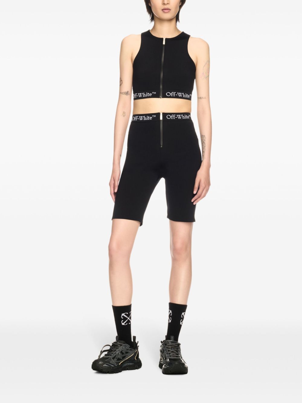 Off-White logo-waistband zip shorts - Black