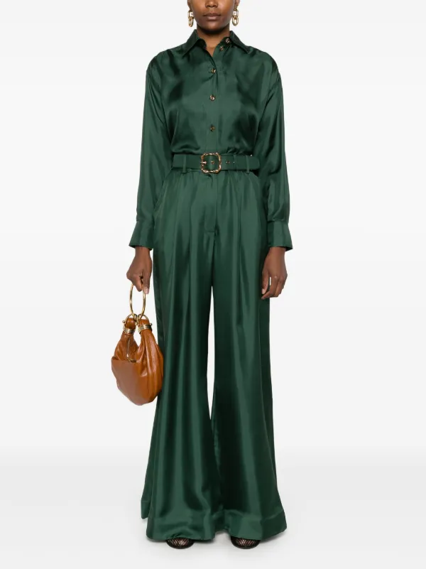 【送料&関税込】Zimmermann Olive Green Satin Crush Wide-leg ZIMMERMANN Belted pleated silk-satin wide-leg pants | NET-A