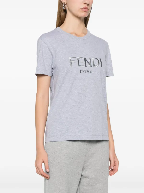 FENDI logo embroidered T shirt women Polyester Cotton L Grey