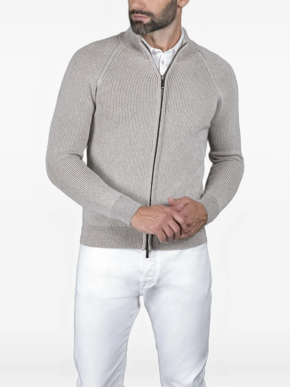 Moorer Dean-wsv Ribbed Zip-front Cardigan In Gray