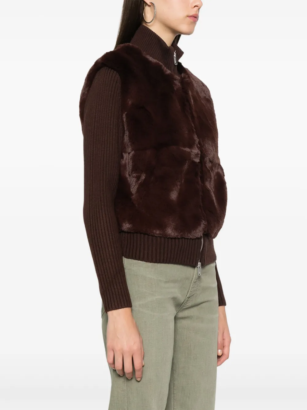 Moose Knuckles Bunny Faux-fur Ribbed Sweater Jacket In Brown