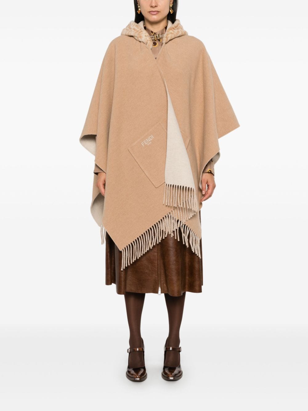 Shop Fendi Hooded Cape In Neutrals