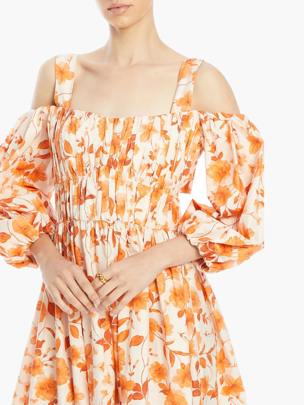 Shop Vasiliki Floral-print Pleated Dress In Orange
