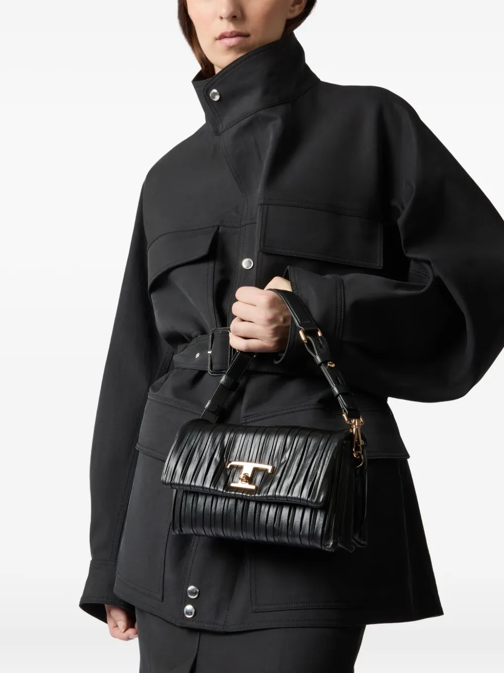 Tod's Timeless geplooide kleine schoudertas met T-gesp - Zwart
