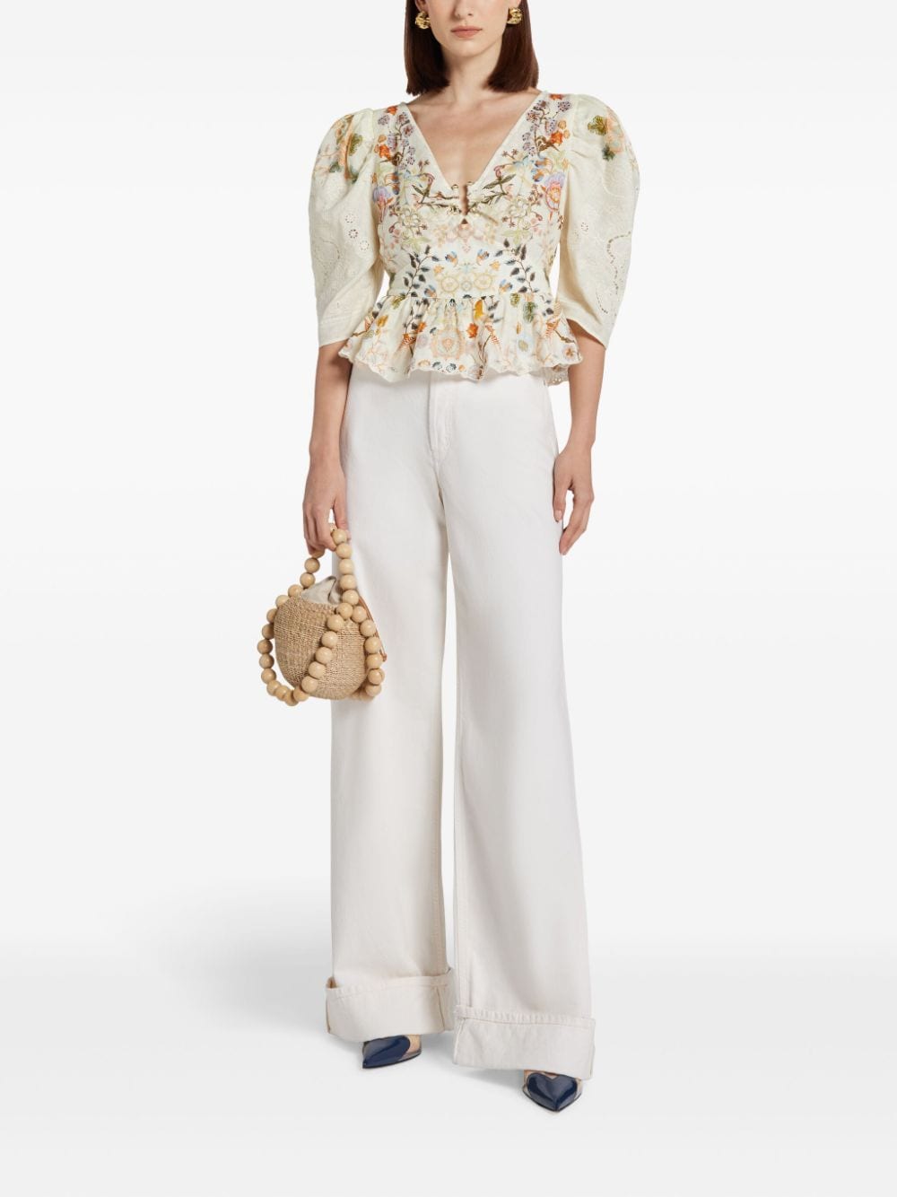 Camilla floral-embroidered top - Beige