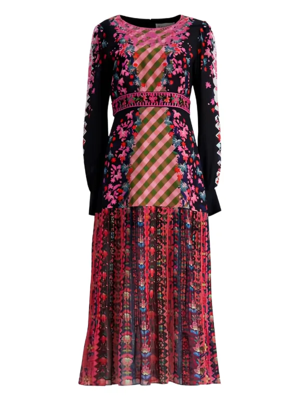 Saloni Floral Pleated Dress - Black
