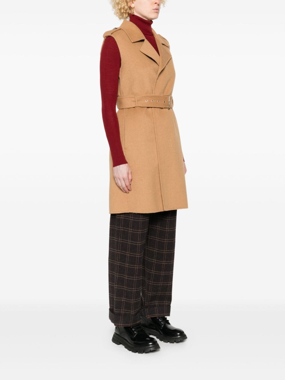 Shop Liu •jo Sleeveless Belted Coat In Brown