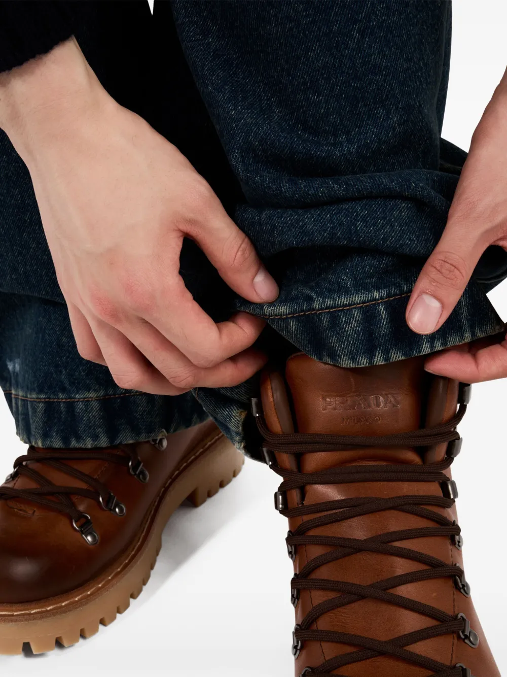 Prada Laced Leather Boots | Brown | FARFETCH