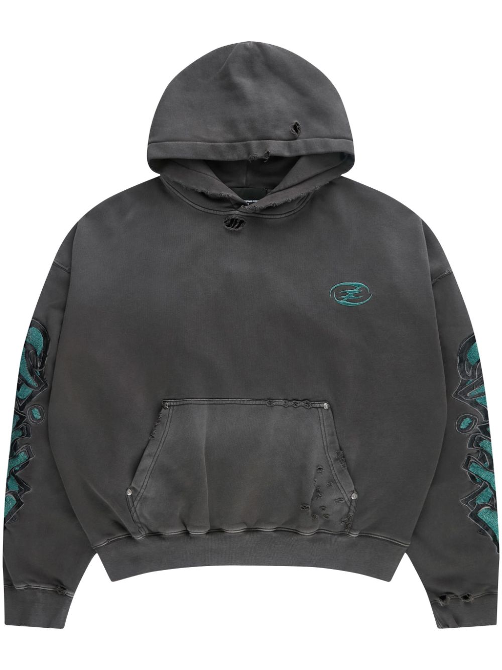 distressed-effect embroidered hoodie