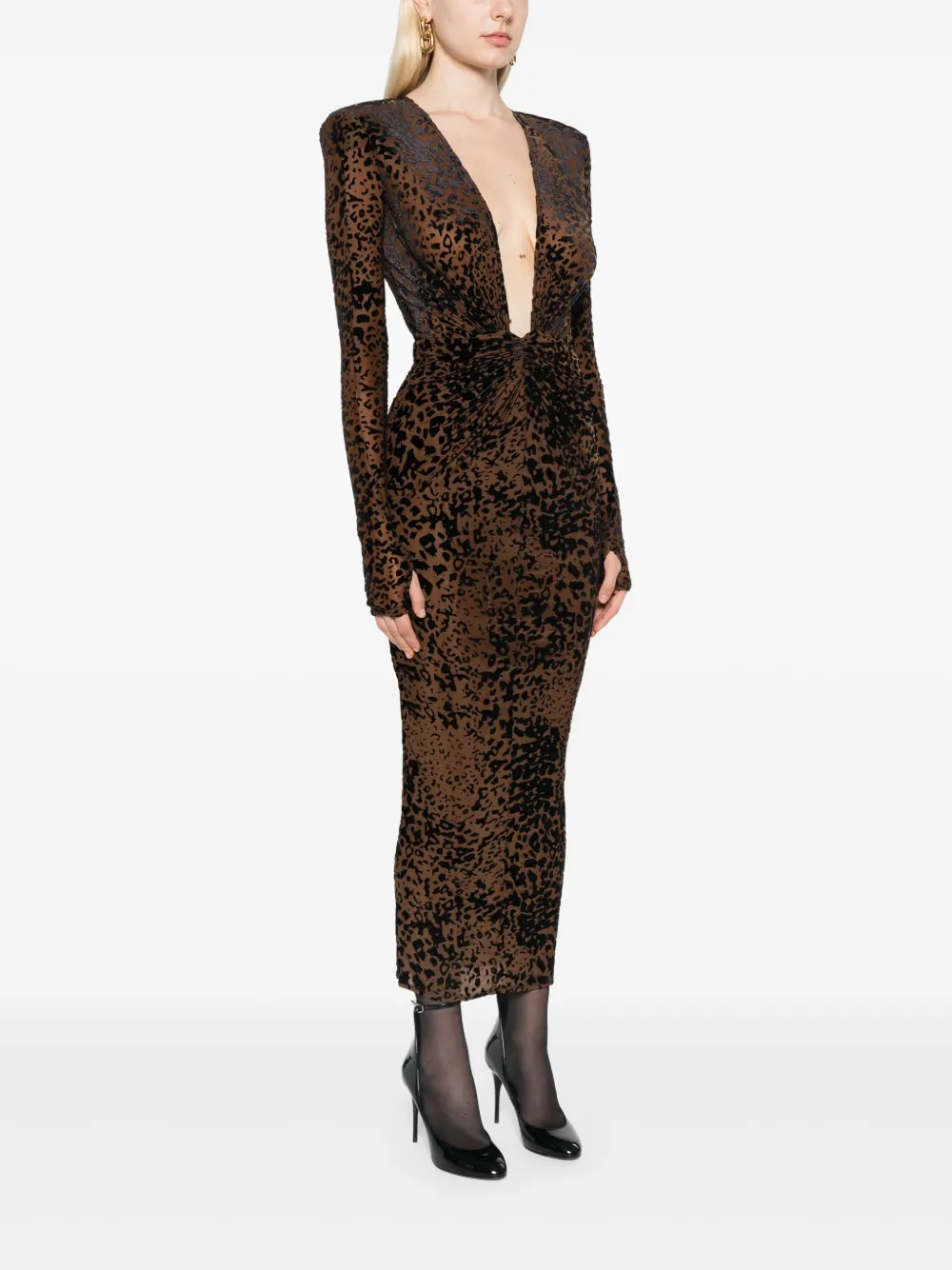 Alex Perry Leopard Burnout-pattern V-neck midi dress - Bruin