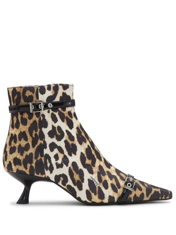 Ganni Leopard-print Satin Ankle Boots in Brown