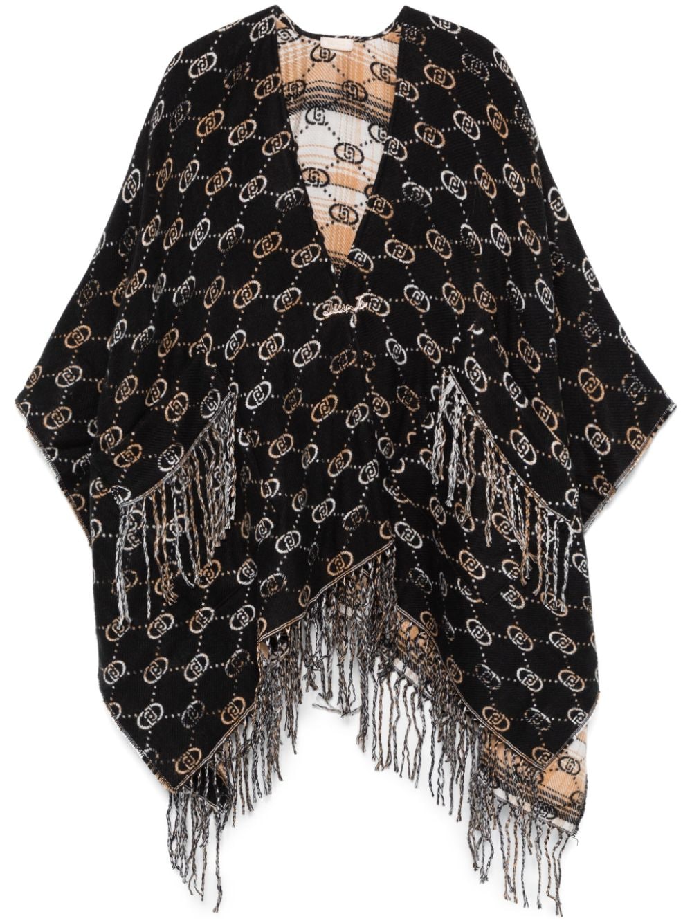 Shop Liu •jo Jacquard-logo Poncho In Black