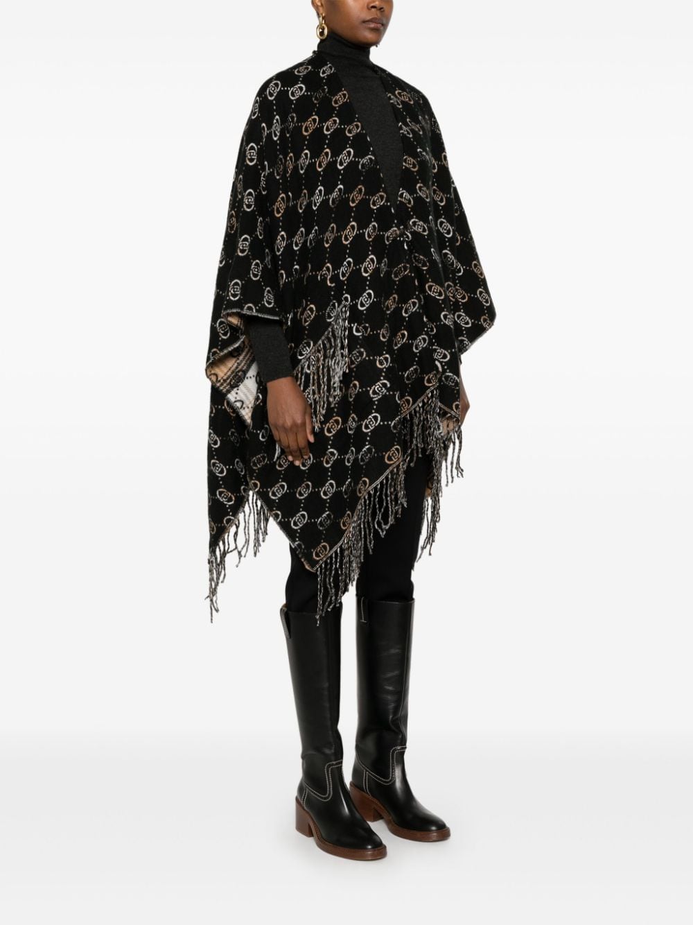 Shop Liu •jo Jacquard-logo Poncho In Black