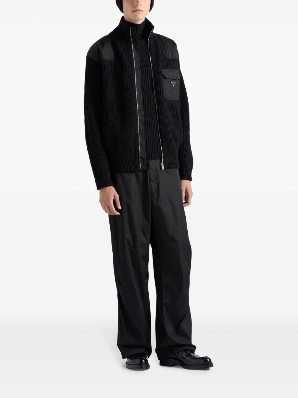 Shop Prada Zip-up Ribbed Knit Cardigan In Schwarz