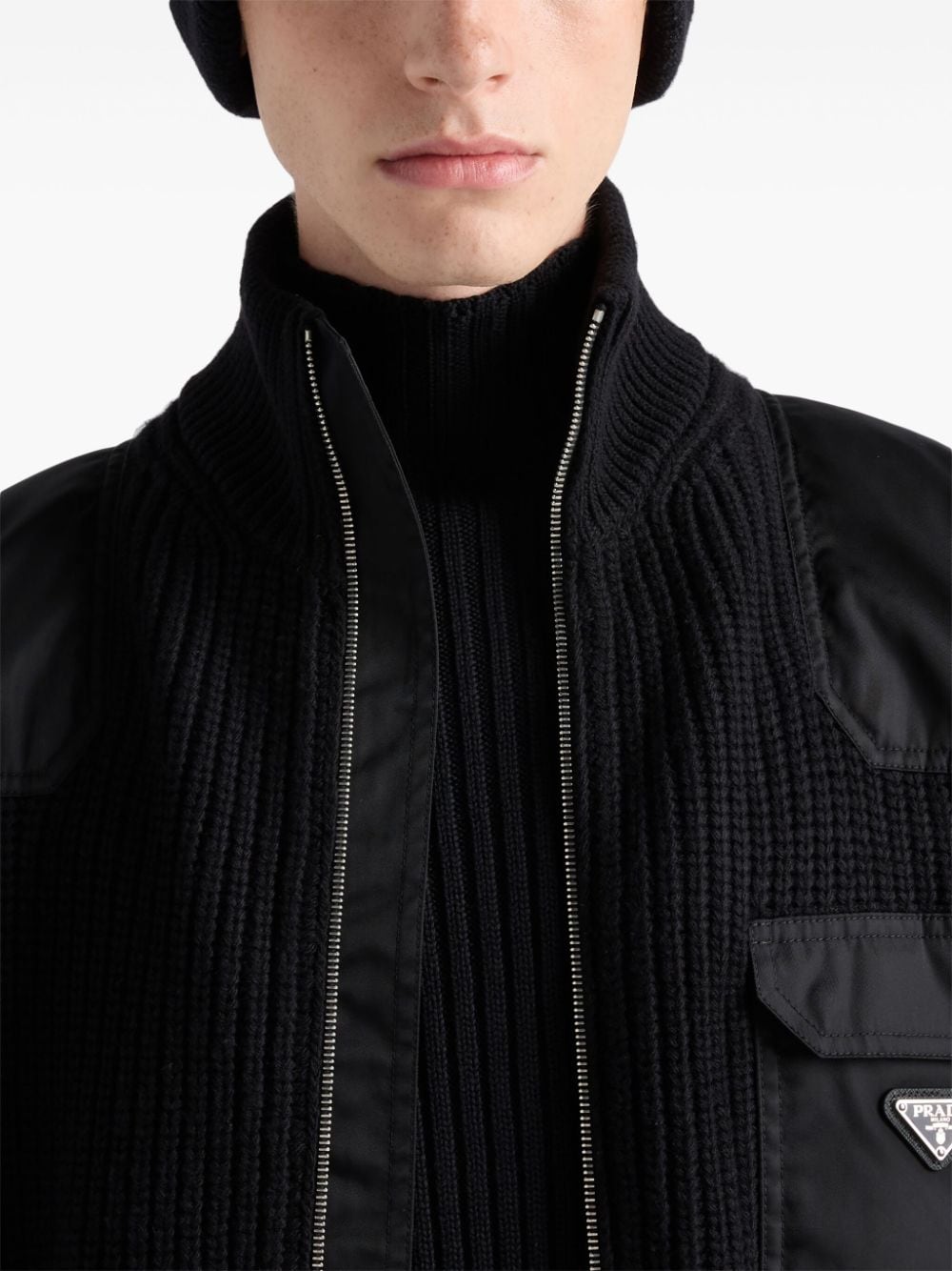 Shop Prada Logo-patch Ribbed Knit Wool Sweater In Schwarz