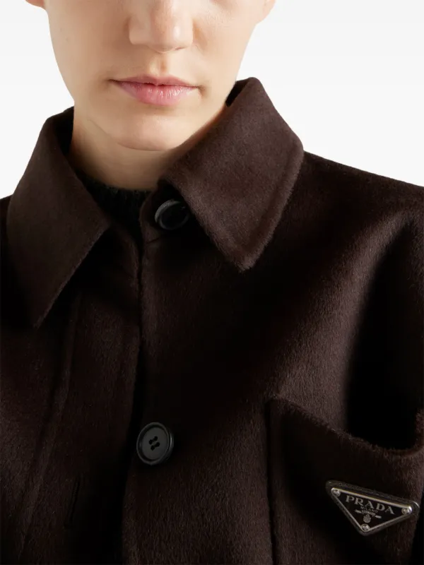 Prada enamel-logo Wool Jacket | Brown | FARFETCH