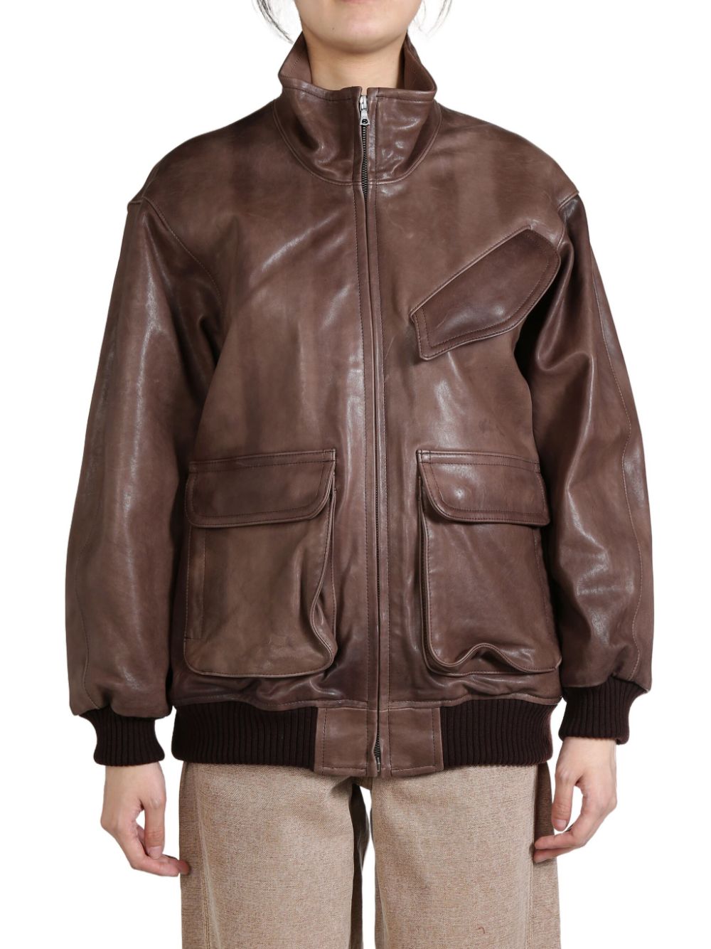 Auralee zip-up leather jacket - Brown