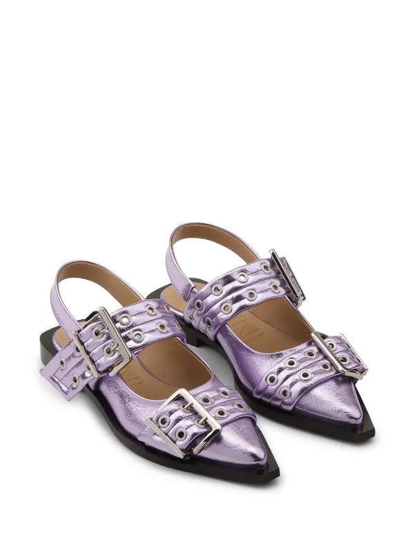 ★Ganni★ Feminine Buckle Ballerina llic Flat Shoes Silv Pink Lavender Pink Metallic Feminine Buckle Ballerinas
