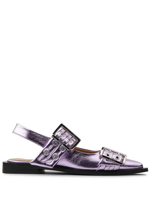 ★Ganni★ Feminine Buckle Ballerina llic Flat Shoes Silv 25595787_55618409_600.jpg