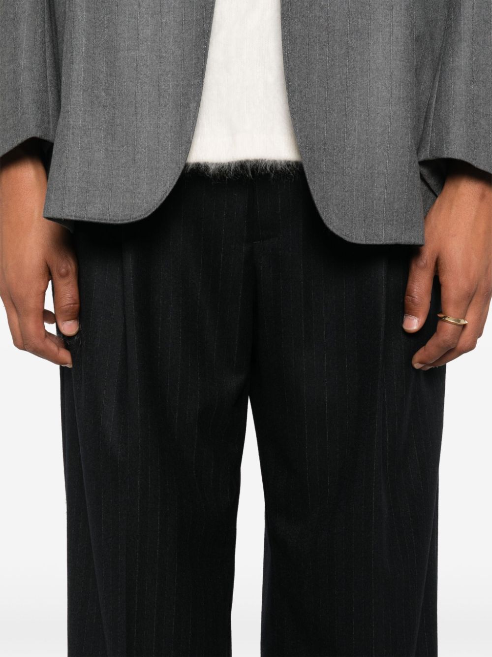 Shop Auralee Pinstriped Flannel Trousers In Blue