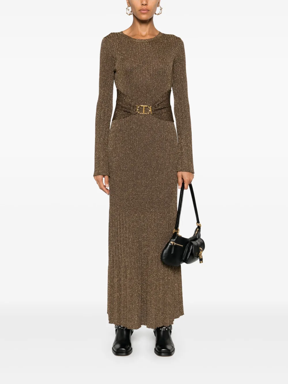 TWINSET Geribbelde maxi-jurk met ovalen T-ceintuur - Bruin