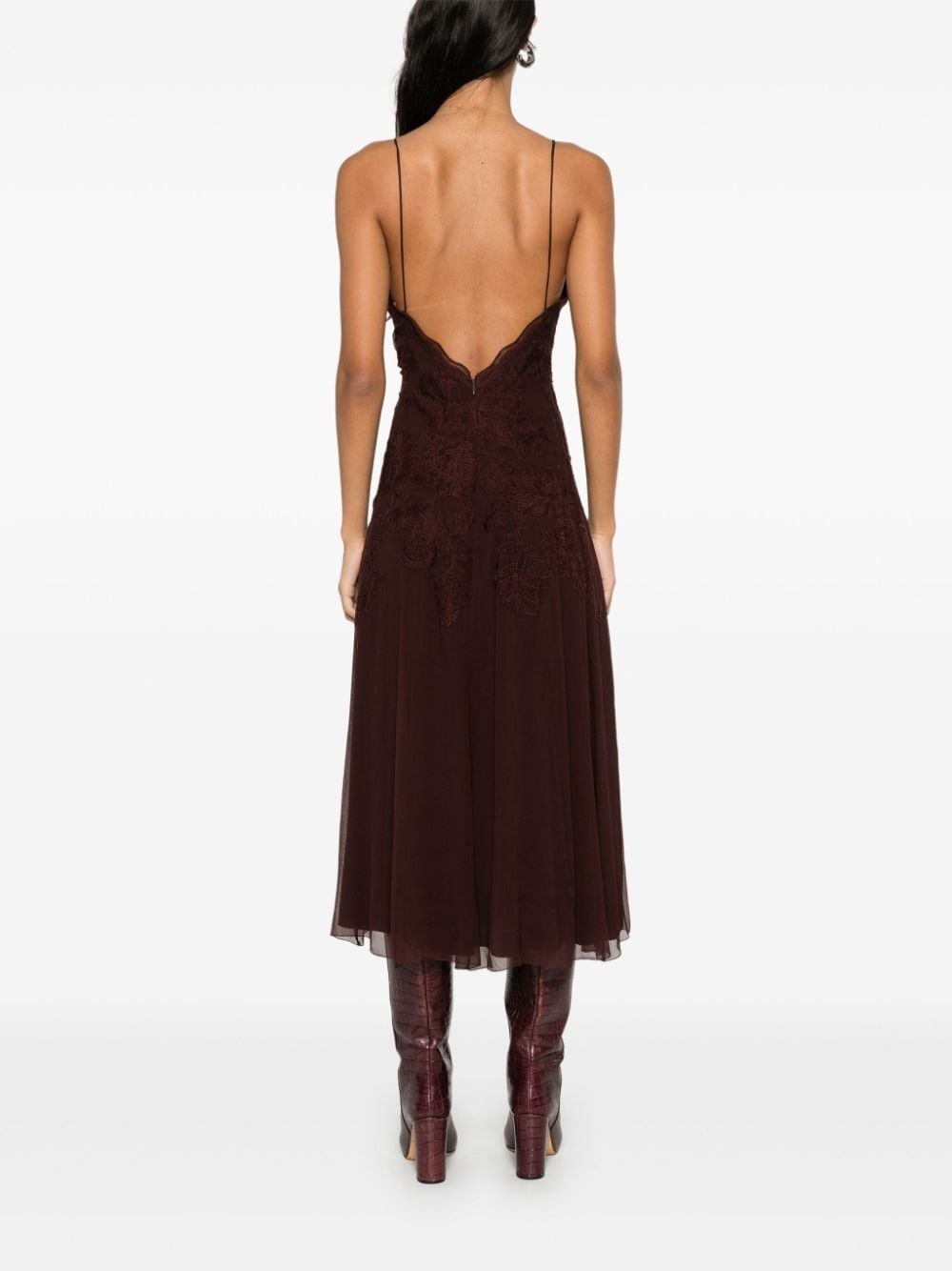 Shop Ermanno Scervino Floral-lace Appliqué Midi Dress In Brown