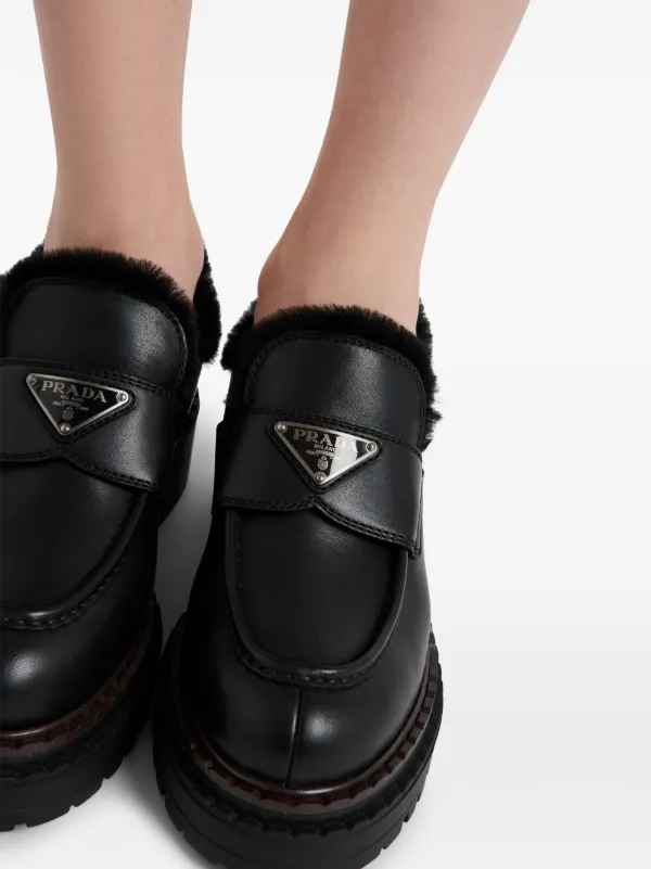 Prada Shearling Leather Loafers | Black | FARFETCH NO