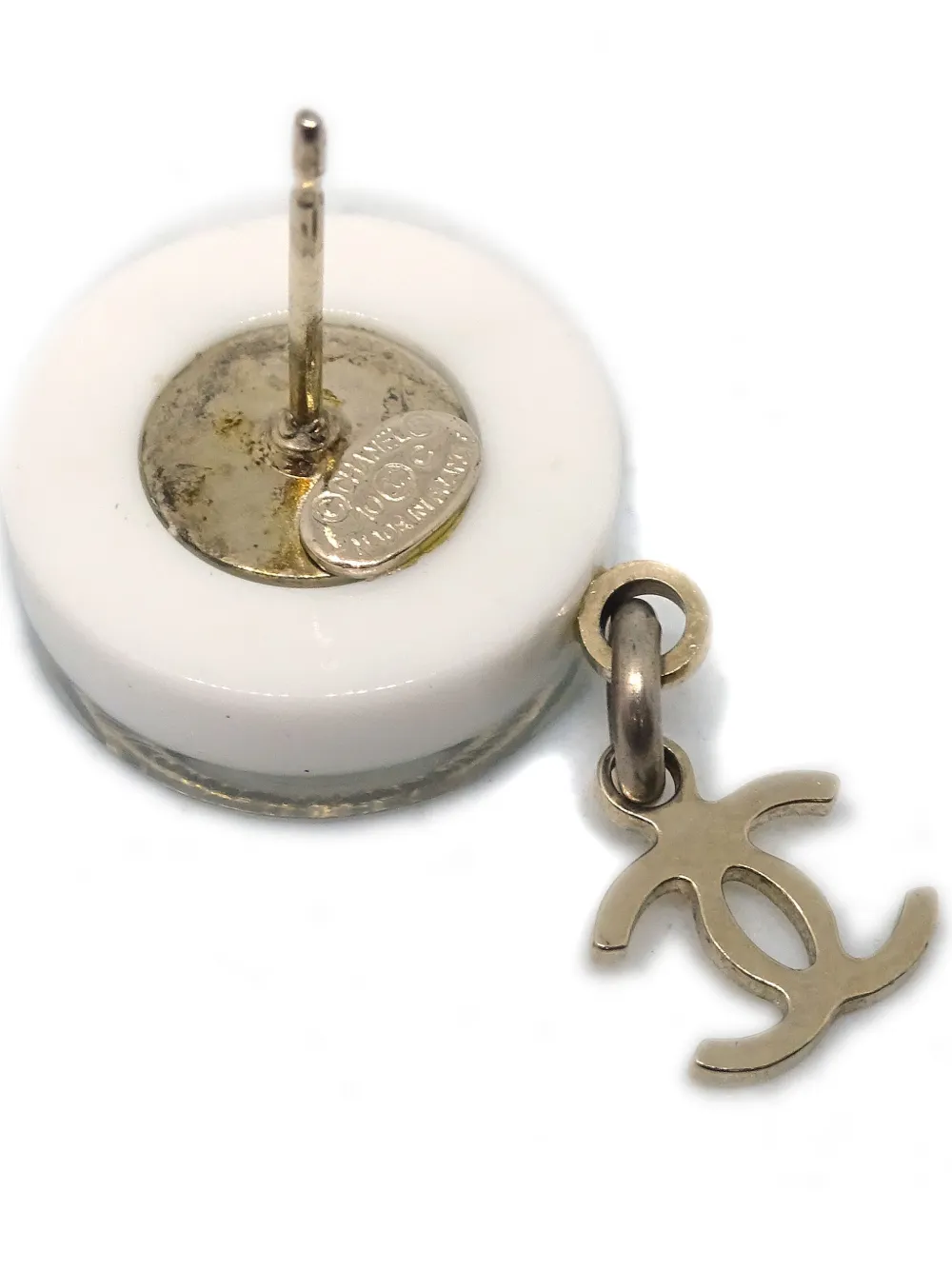 Pre-owned Chanel 2010 Cc Button Dangle Stud Earrings In White