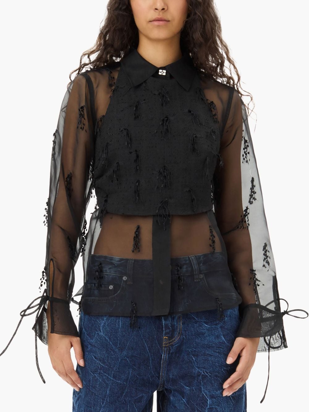 Shop Ganni Fringed Organza Shirt In Black