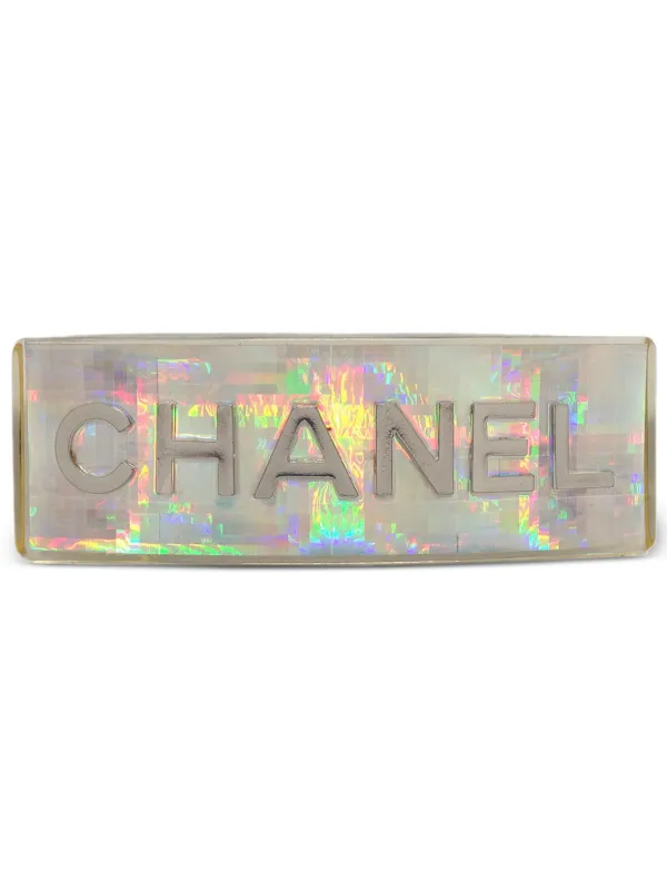 Vintage Chanel 1997 Holographic Resin Logo Barrette – Gold Tone – Made in France CHANEL VINTAGE GOLD CHANEL LOGO HAIR CLIP BARRETTE 24K BOX  main image 3