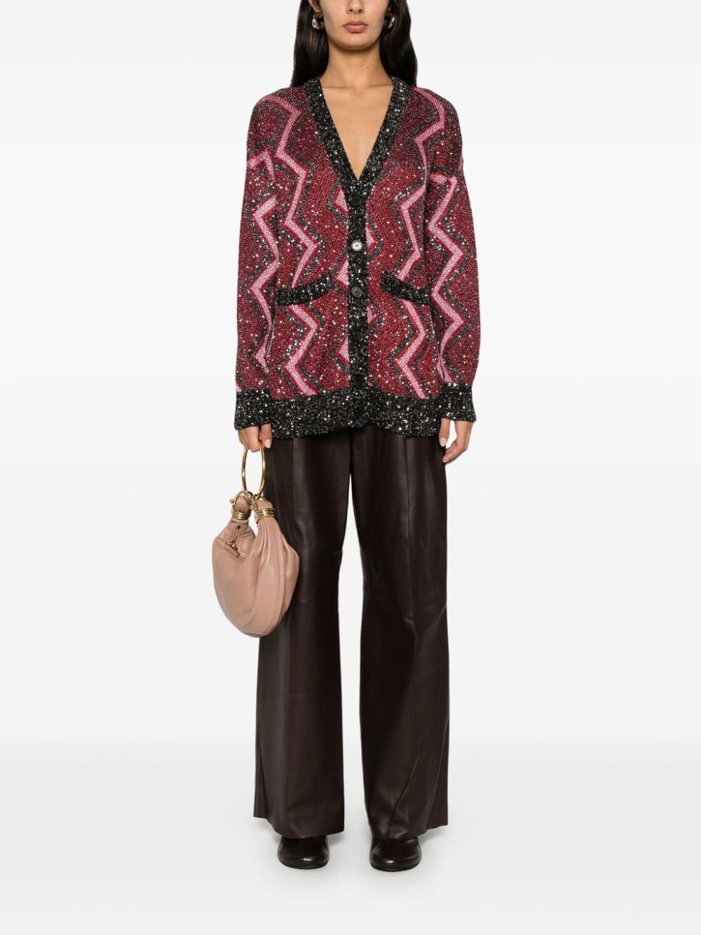 Shop Missoni Sequin-embellished Zigzag-design Cardigan In Rot