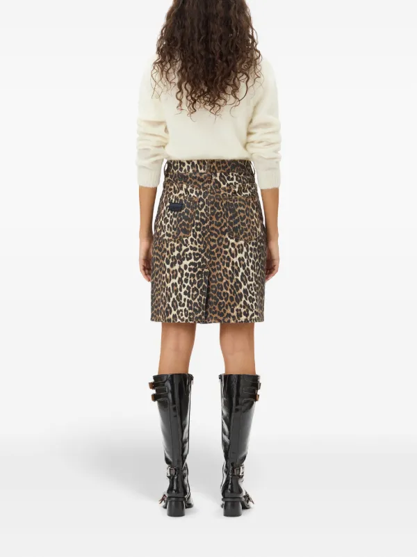GANNI Gonna Midi Denim Leopardata | Marrone | FARFETCH IT