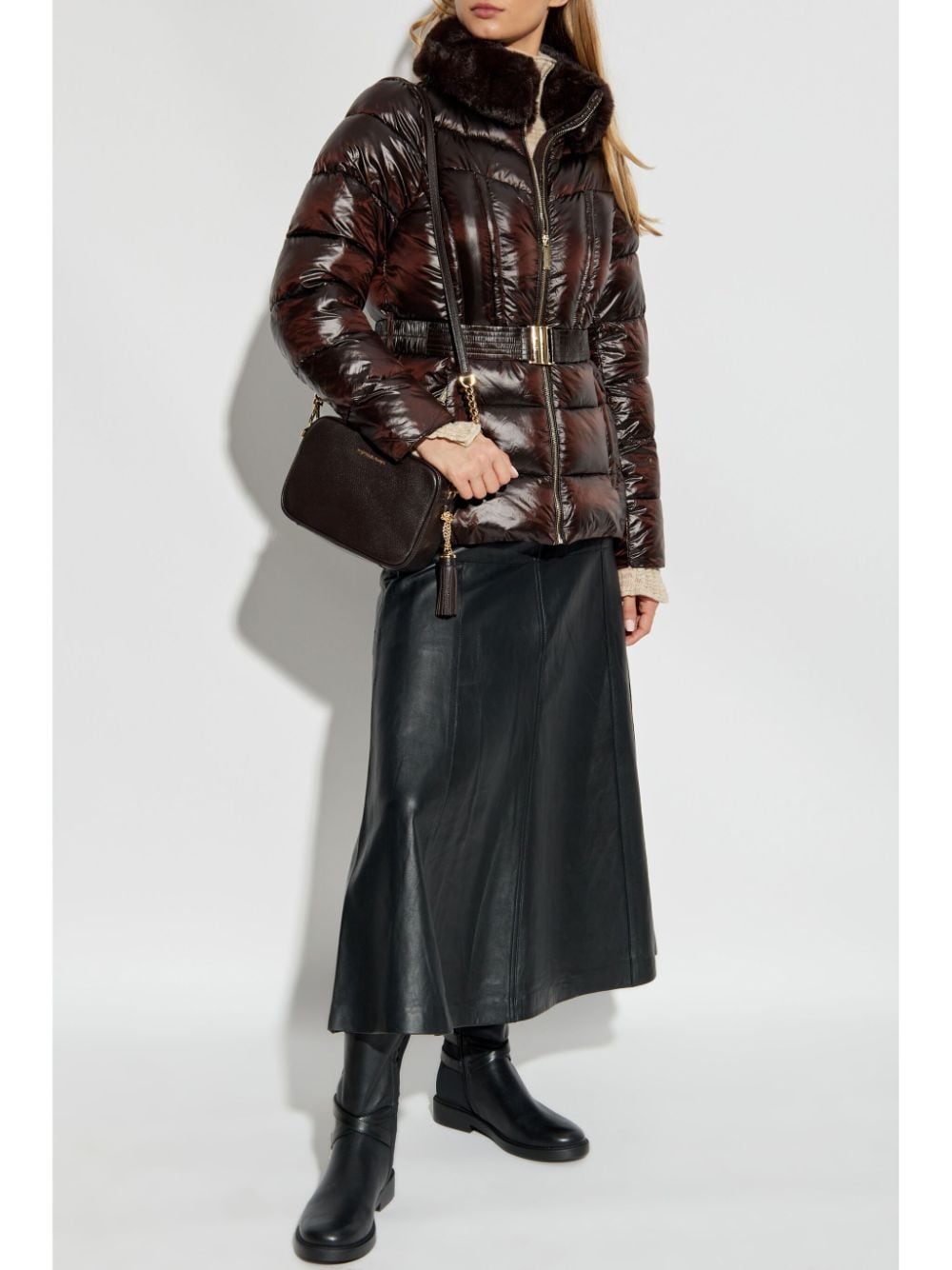 Shop Michael Michael Kors Belted Puffer Jacket In Brown