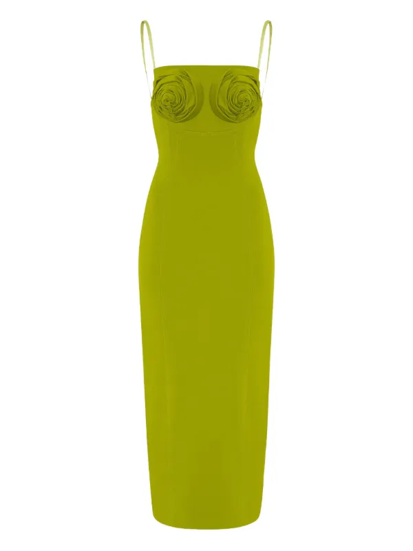 green embellished midi dress CURVED NECK OLIVE GREEN VELVET MIDI DRESS | CULT MIA main image 1