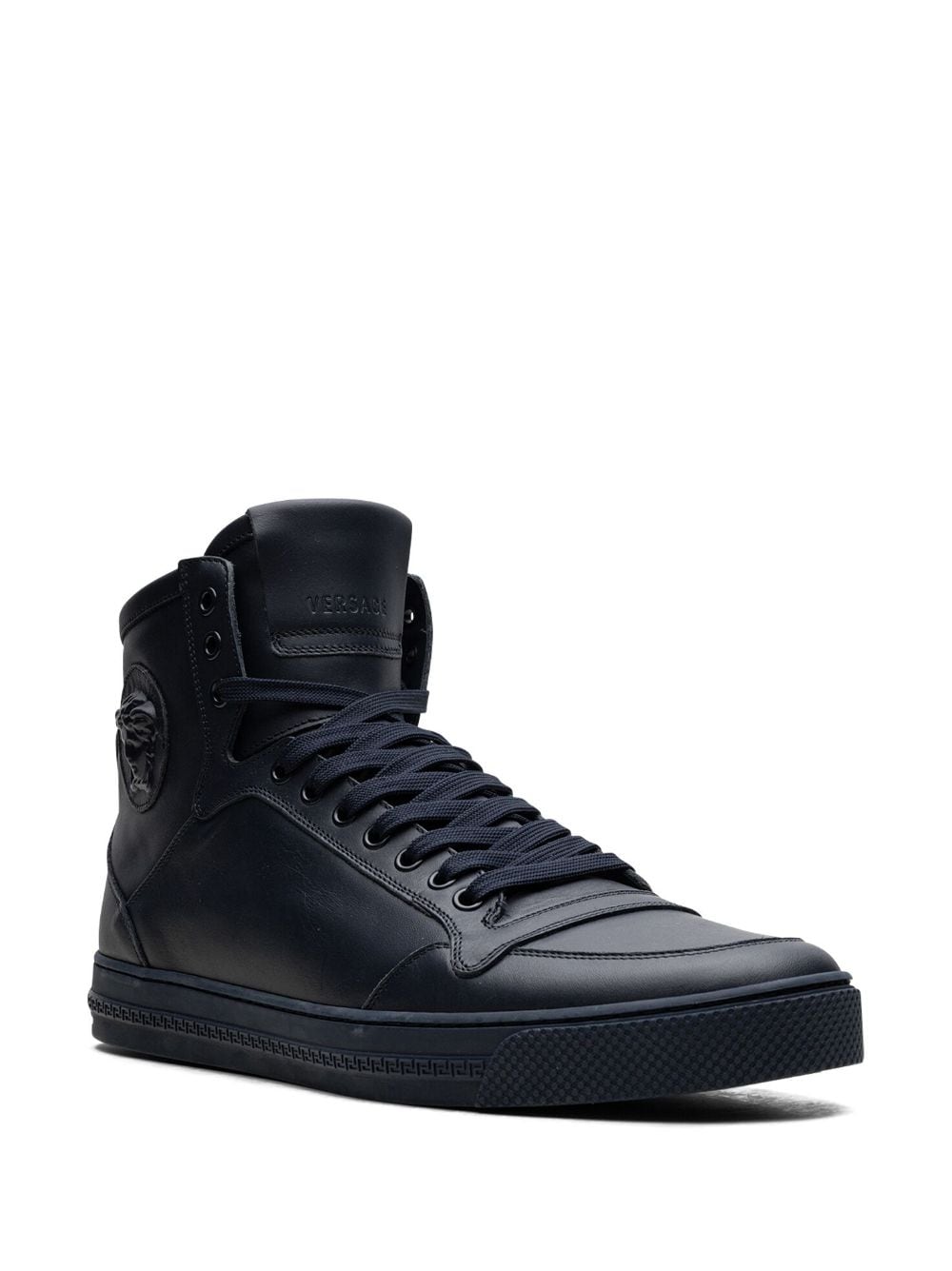 Shop Versace High-top Leather "navy" Sneakers In Blue