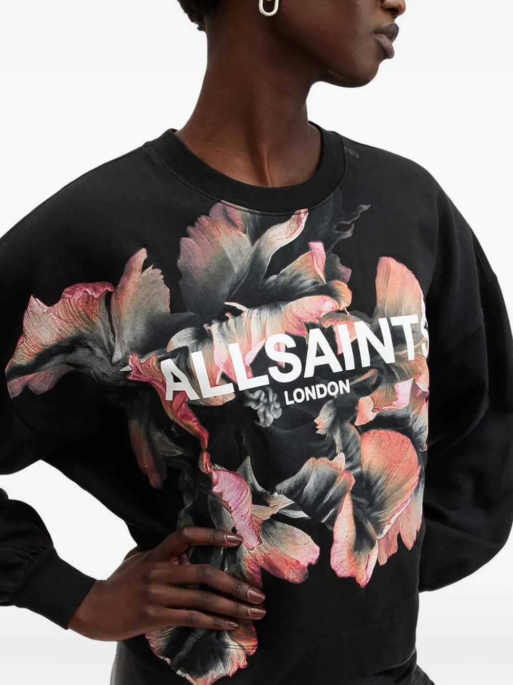 Allsaints Fleurir Lila Floral-print Sweatshirt In Black