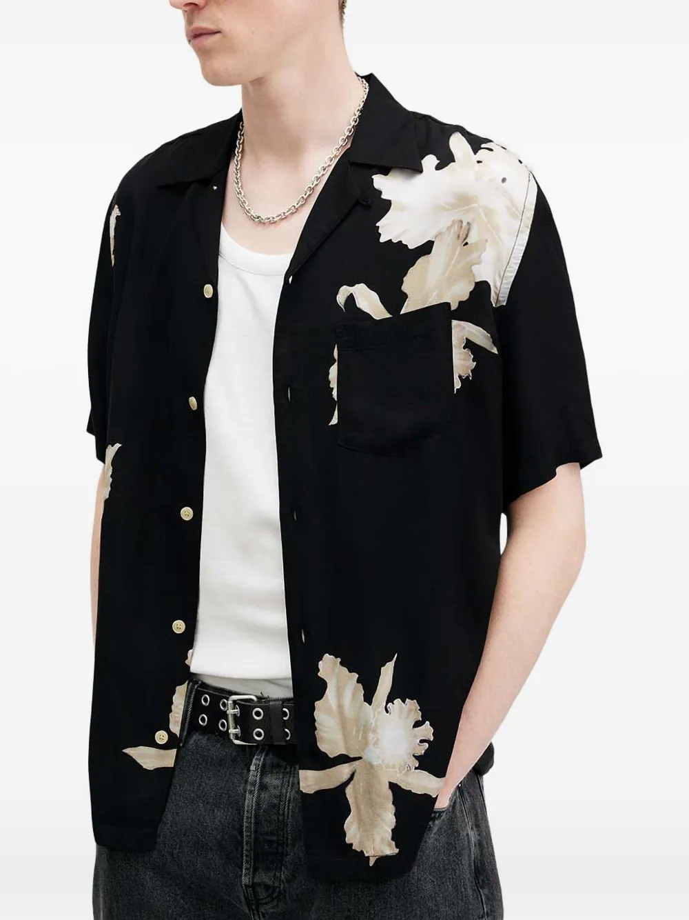 AllSaints Lachaise overhemd met bloemenprint en korte mouwen Zwart