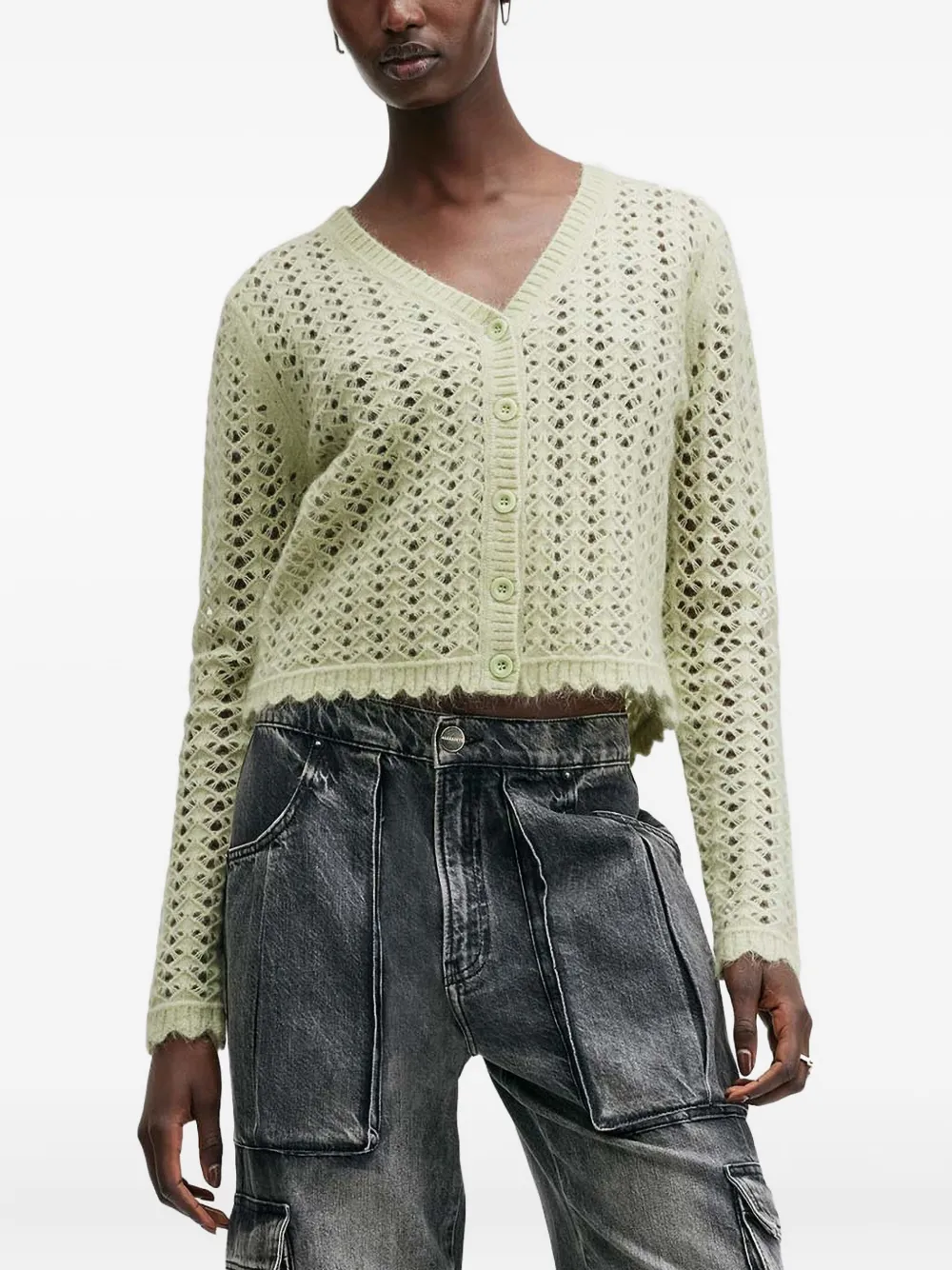 AllSaints Vivian button-front eyelet cardigan | Green | Image 1