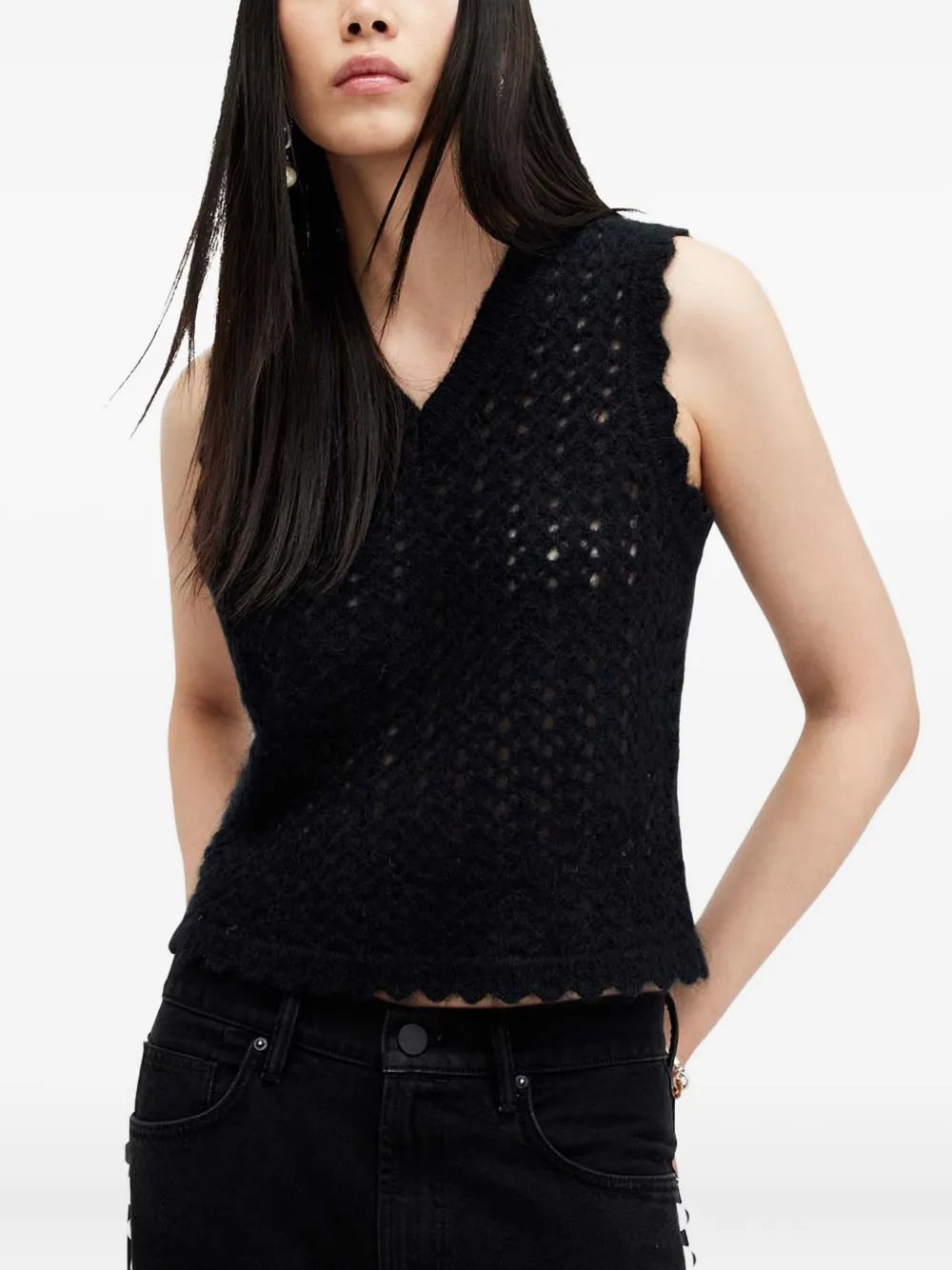 Allsaints Vivian Open Stitch V-neck Tank Top In Black