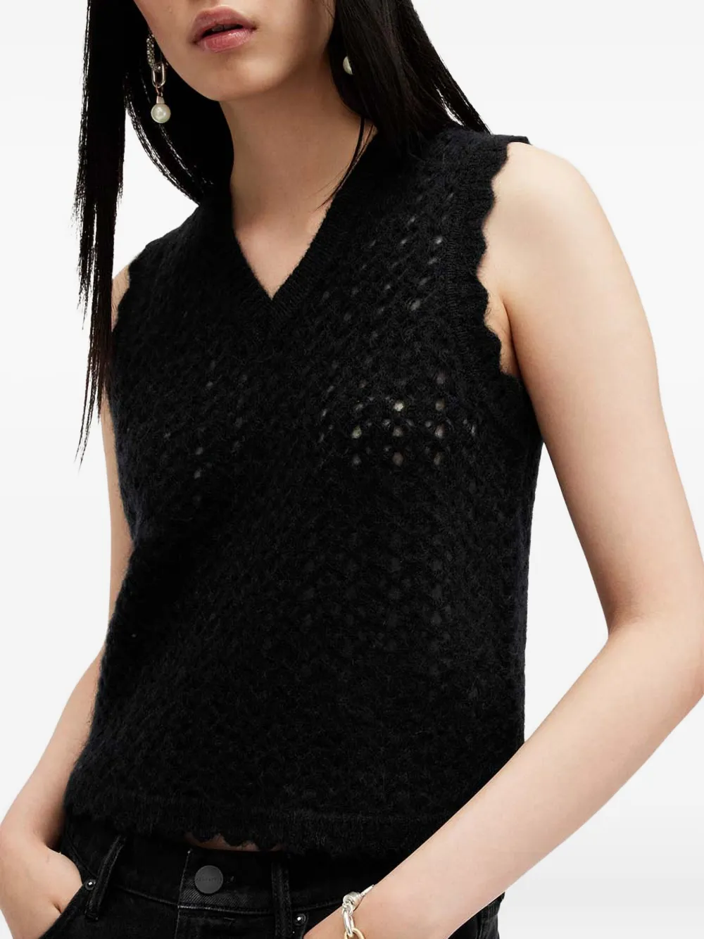Allsaints Vivian Open Stitch V-neck Tank Top In Black