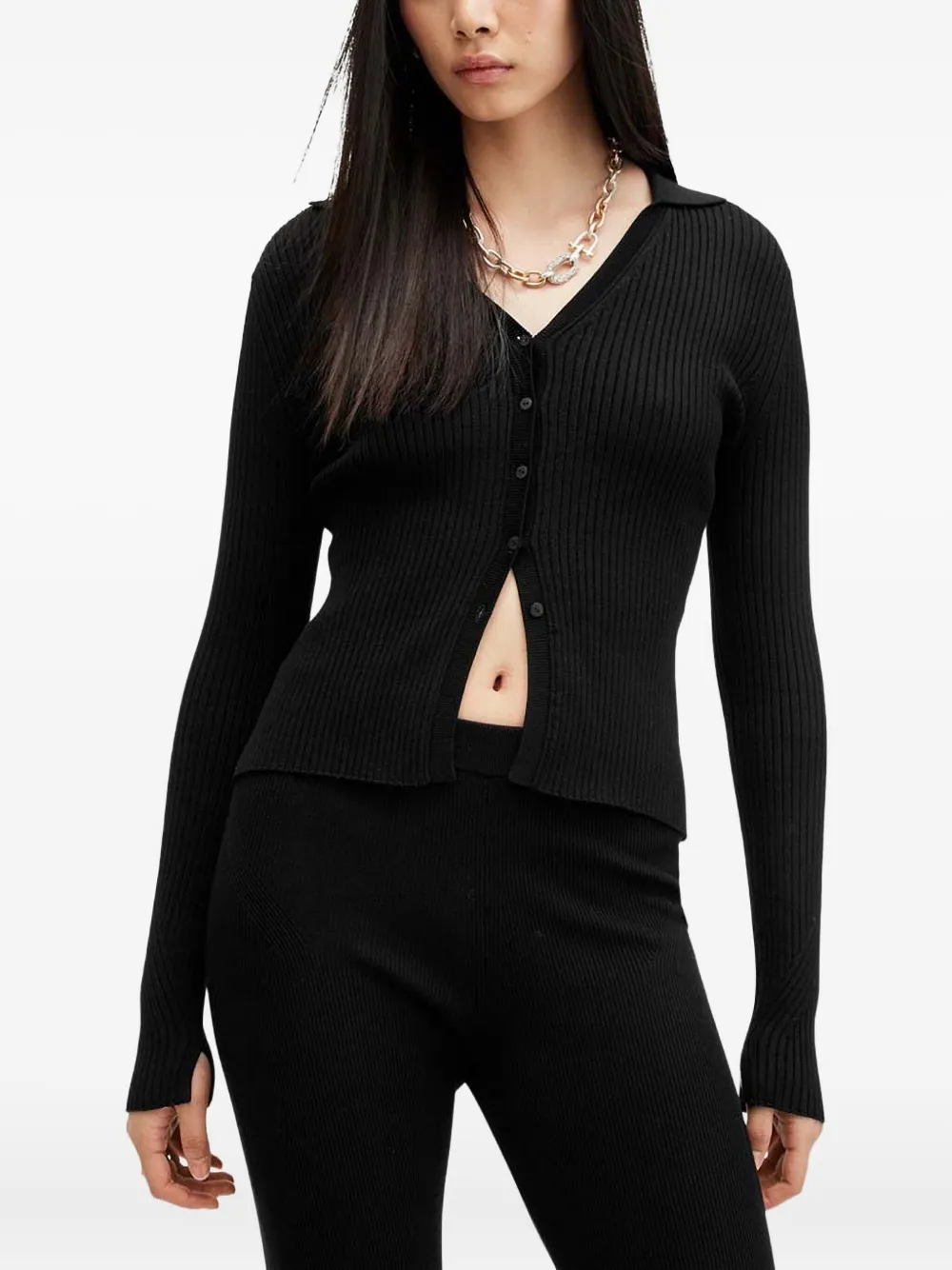 Allsaints Cruz Ribbed Button-up Cardigan In Black
