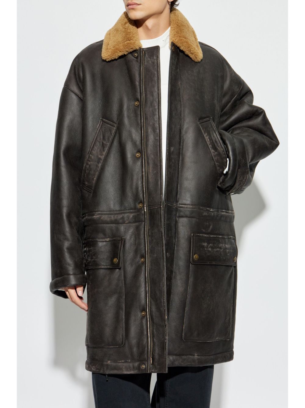 Shop Balenciaga Shearling-collar Leather Coat In Brown