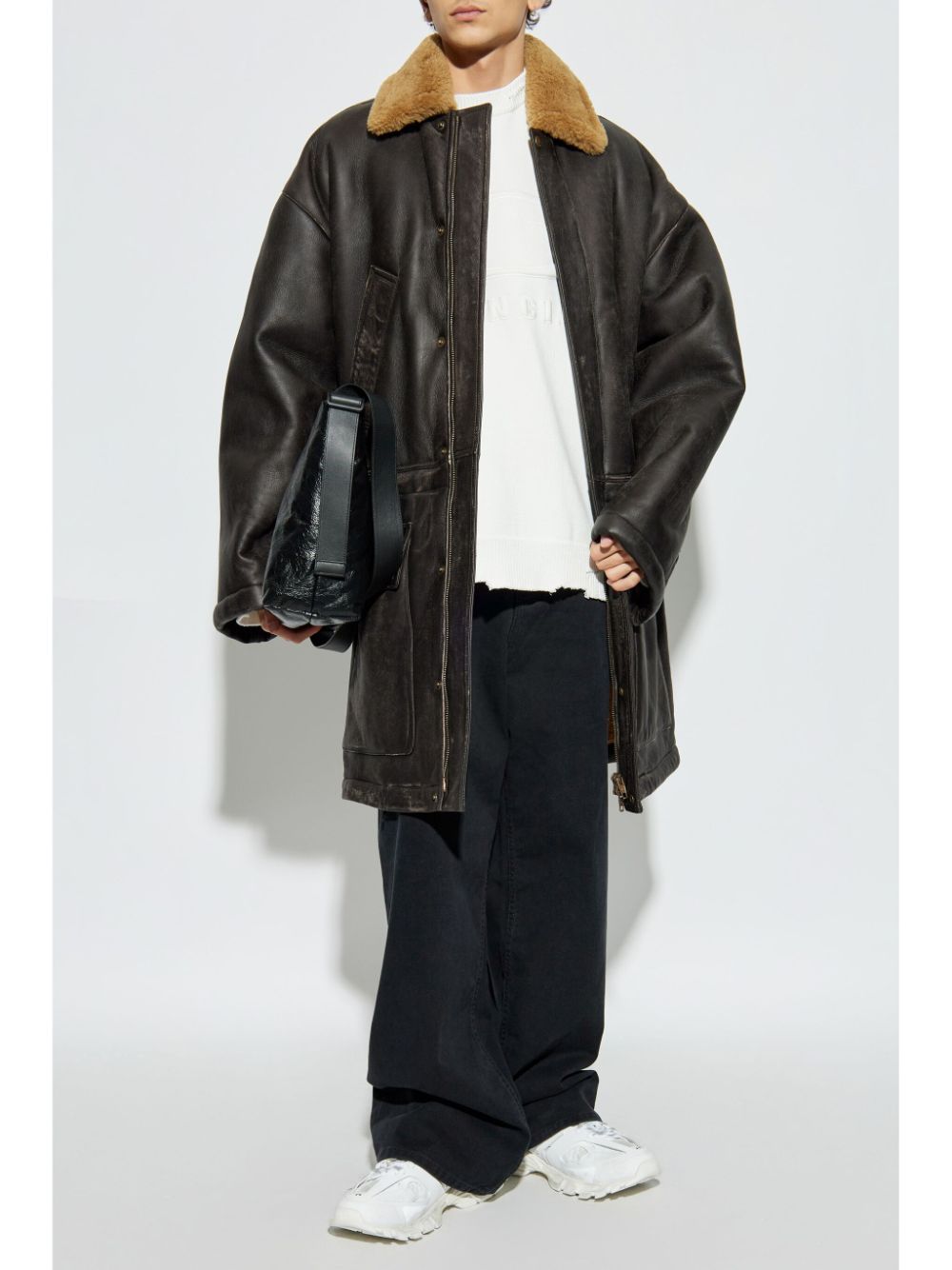 Shop Balenciaga Shearling-collar Leather Coat In Brown