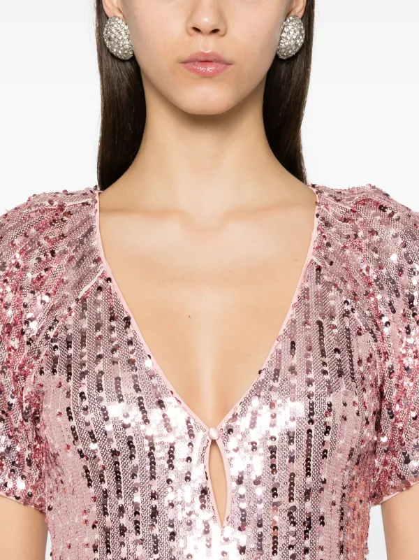 ワンピース ROTATE SEQUINS V NECK PUFF SLEEVE MIDI DRESS (113151 2307) ROTATE BIRGER CHRISTENSEN sequin-embellished V-neck Midi